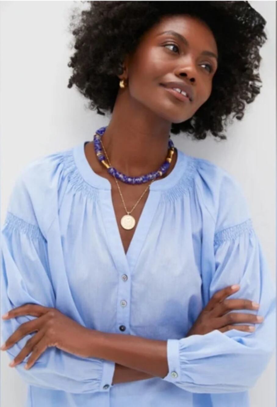 Tuckernuck Chambray Ashton Popover Top XL Blue Balloon Sleeve Tunic Blouse NWT